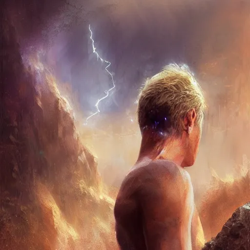 Prompt: a young man with short blonde hair struck by lightning from the gods. detailed matte painting. masterpiece. 4 k. fantasy art. by craig mullins. franzetta. repin