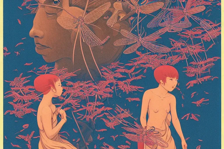 Image similar to gigantic mechanical dragonfly head human faces catch tiny frogs, a lot of exotic flowers around, human tears everywhere, risograph by kawase hasui, dirtyrobot, edward hopper, satoshi kon and moebius, colorful flat surreal design, super - detailed, a lot of tiny details, fullshot, grainy