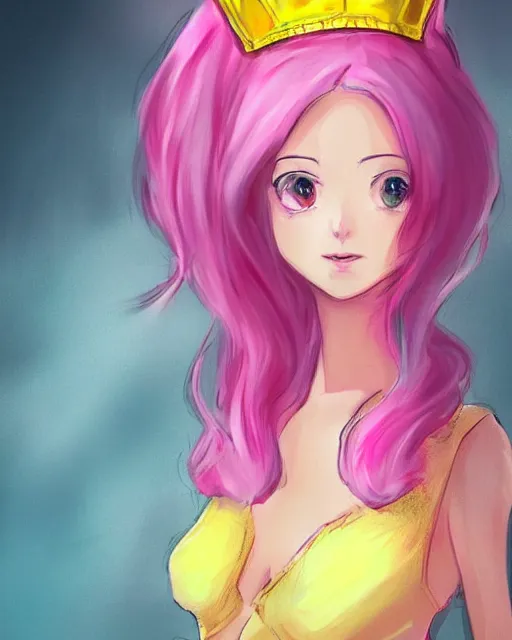 Image similar to concept art of a princess, she has pink hair and a yellow crown, anime art, digital painting, hd, smooth, full body shot, tran ross