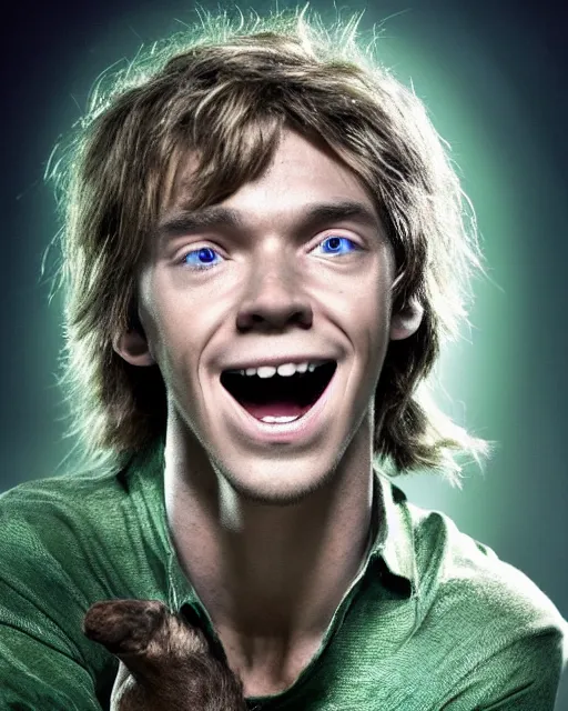 Prompt: dramatically - lit closeup portrait photograph of norville shaggy rogers from the scooby - doo live - action film ( 2 0 0 2 ), sharp details, vignette, high saturation, smooth textured skin, serious expression, thin nose, subsurface scattering, photograph by mark mann and martin schoeller, 4 k, soft focus, centered, symmetrical