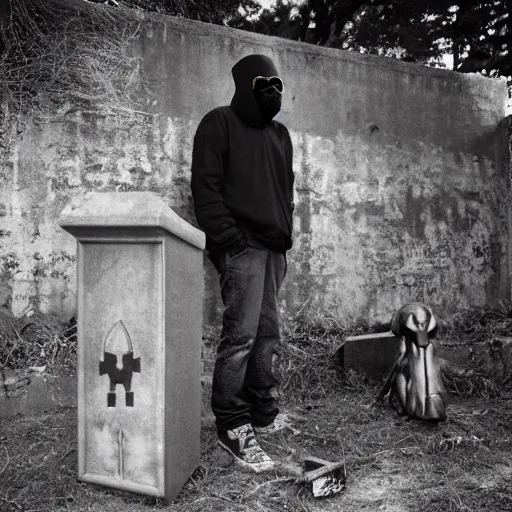 Image similar to MF DOOM standing in a graveyard with a dug up coffin, studio photograph