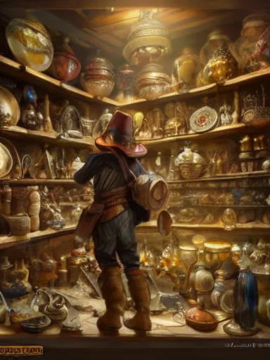 Image similar to a merchant looking for an item in a really messy shelf, full of different trinkets. intricate, elegant, highly detailed, digital painting, artstation, concept art, sharp focus, illustration, by justin gerard and artgerm, 8 k