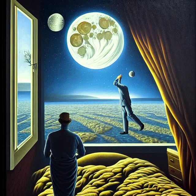 Image similar to an oil on canvas portrait of a man waking up and the moon is shining in through the window, surrealism, surrealist, lovecraftian, cosmic horror, rob gonsalves, high detail