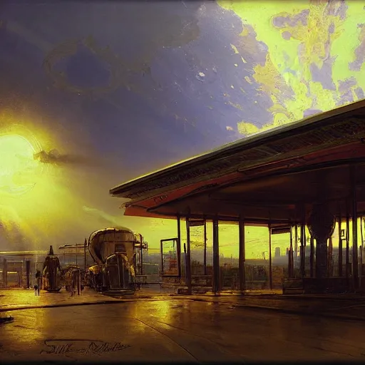 Prompt: painting of syd mead artlilery scifi organic shaped gas station with ornate metal work lands on a farm, roman architecture, volumetric lights, purple sun, andreas achenbach