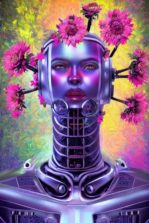 Image similar to a digital painting of a robot with flowers, cyberpunk portrait by Vladimir Tretchikoff, cgsociety, panfuturism, made of flowers, color field, dystopian art, vaporwave