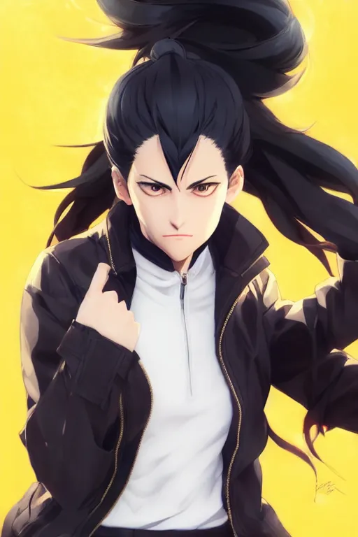 Image similar to black ponytail hair, pale woman in a black zipper jacket, yellow eyes, by artgerm, hair tied in a ponytail, white backdrop, soft lighting, fighting pose, dynamic angle, by greg rutkowski makoto shinkai takashi takeuchi