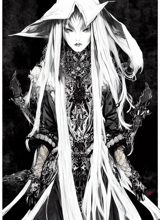 Prompt: beautiful human witch with blonde long straight hair in intricate ornate witch robe, haughty evil look, witch hat. in style of yoji shinkawa and hyung - tae kim, trending on artstation, dark fantasy, great composition, concept art, highly detailed, dynamic pose.