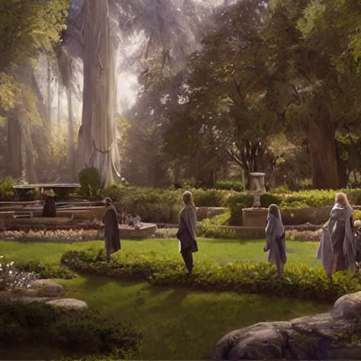 Image similar to white council in rivendel gardens, epic masterpiece of cinematographic hyperrealism, realistic shaded lighting poster by craig mallismo, artgerm, jeremy lipkin and michael garmash, unreal engine, radiant light, detailed and intricate environment, digital art, art station trends