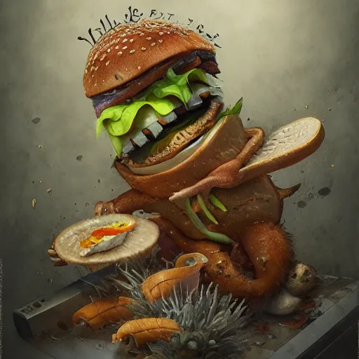 Prompt: fast food monster by jean - baptiste monge, high quality, high resolution, 4 k, painted by cgsociety, rutkowski, gurney