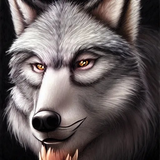 Prompt: 3/4 headshot of cute anthro wolf man, D&D, handsome, fantasy, intricate, long snout, donkey ears, fursona, black hair, elegant, highly detailed, digital painting, artstation, concept art, smooth, sharp focus, illustration, art by artgerm and greg rutkowski and alphonse mucha