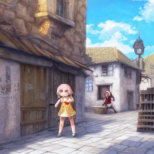 Prompt: A fantastic digital painting of two little girls playing in the streets of a sunny medieval building, anime