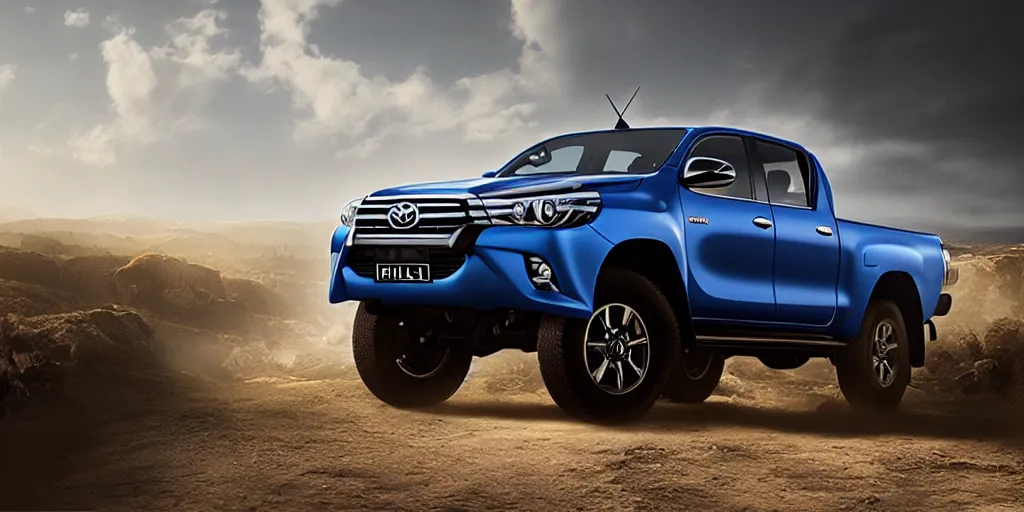 Image similar to toyota hilux, unreal 5, hyperrealistic, realistic, photorealistic, dynamic lighting, highly detailed, cinematic landscape, studio landscape, studio lighting