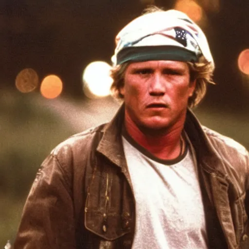 Image similar to tom berenger wearing a bandana, 1 9 8 7, dimly lit, movie still