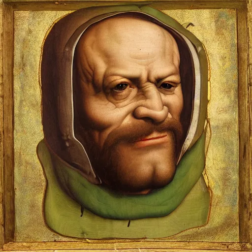 Image similar to detailed renaissance portrait painting of gentleman orc with green skin wearing brown expensive costume