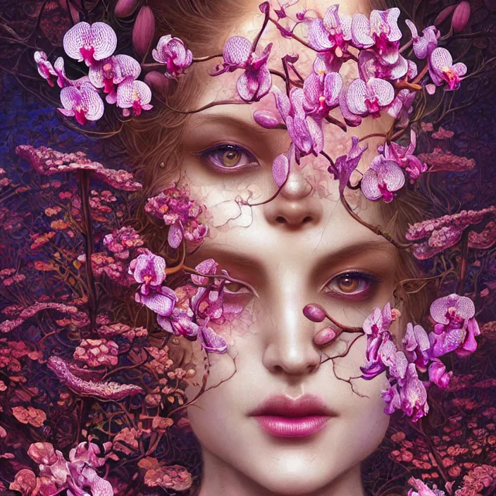 Image similar to extremely psychedelic lattice made of orchid and cherry blossom and musroom, LSD, diffuse lighting, fantasy, intricate, elegant, highly detailed, lifelike, photorealistic, digital painting, artstation, illustration, concept art, smooth, sharp focus, art by John Collier and Albert Aublet and Krenz Cushart and Artem Demura and Alphonse Mucha