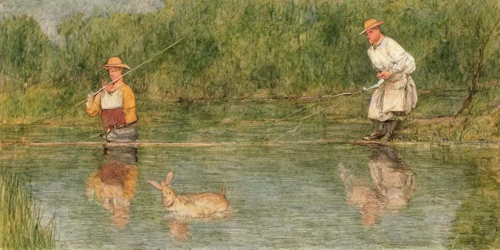 Image similar to a rabbit fishing by a calm lake, in the style of carl larsson