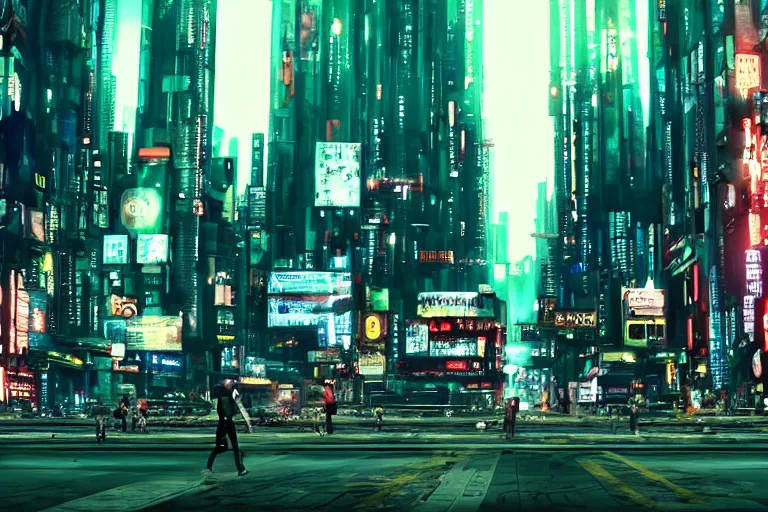 Image similar to cinematography of a busy cyberpunk city street by Emmanuel Lubezki