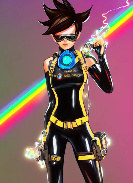 Image similar to full body digital artwork of tracer overwatch, wearing black iridescent rainbow latex tank top, 4 k, expressive happy smug expression, makeup, in style of mark arian, wearing detailed black leather collar, wearing chains, black leather harness, leather cuffs around wrists, detailed face and eyes,