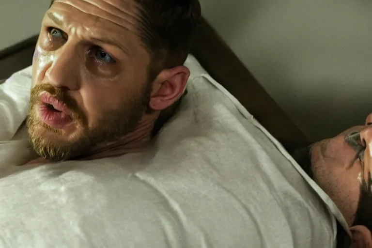 Image similar to film still of Tom Hardy as Max Payne in a dark dream crying over baby crib in the Max Payne movie, 4k