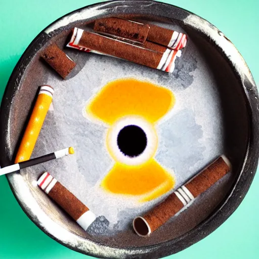 Prompt: ashtray with cigarettes and a human eyeball in it