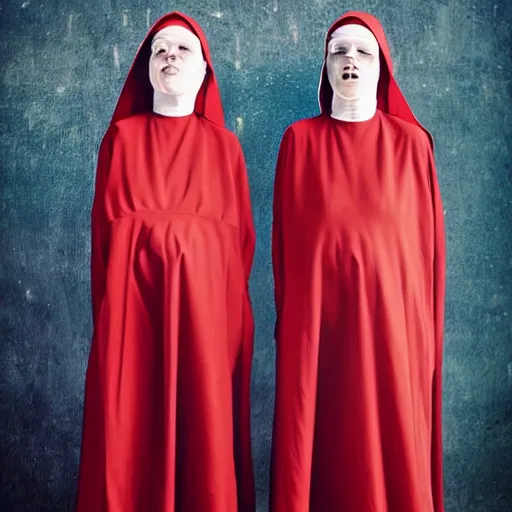 Image similar to terrifying photo,two Hovering twin nuns, wearing pointed hoods, buxom chested, blindfolded, wearing translucent veils, see through dress, Very long arms, bedroom, wood door, eerie, frightening, highly detailed, photorealistic, colorized —width 1024 —height 1024