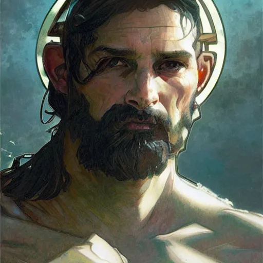 Prompt: portrait of rugged spartan, halo, handsome, fantasy, art by greg rutkowski and alphonse mucha