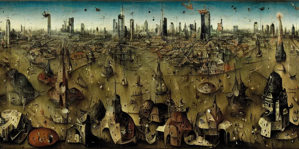 Prompt: view of a crowded cyberpunk city painted by hieronymus bosch, highly detailed, intricate, landscape, art by hieronymus bosch