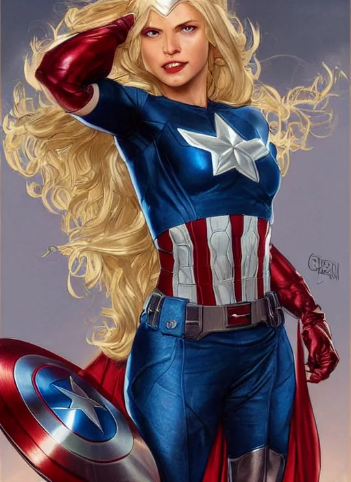 Prompt: toned young april with a mischievous face and extremely long blonde wavy hair dressed as superhero in her early 2 0 s, posing with hands behind back, captain america, tight fit, curvaceous, intricate detailed face, shiny, artgerm, greg rutkowski, alphonse mucha