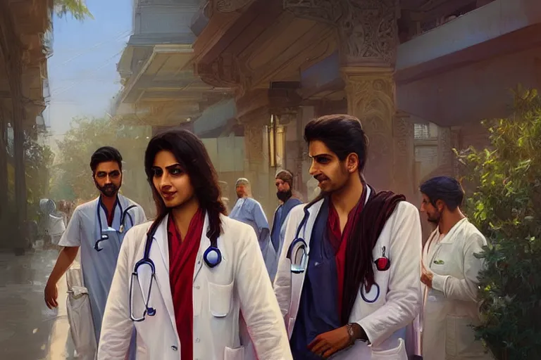 Image similar to Anxious good looking pale young Indian doctors wearing American clothes outside a hospital, portrait, elegant, intricate, digital painting, artstation, concept art, smooth, sharp focus, illustration, art by artgerm and greg rutkowski and alphonse mucha