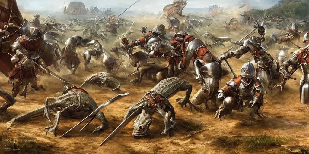 Prompt: an expansive battlefield scene showing a battle between bipedal medieval armored frogs and bipedal rat men with swords, extremely detailed, 8k resolution, in gladiator, cinematic, art by artgerm