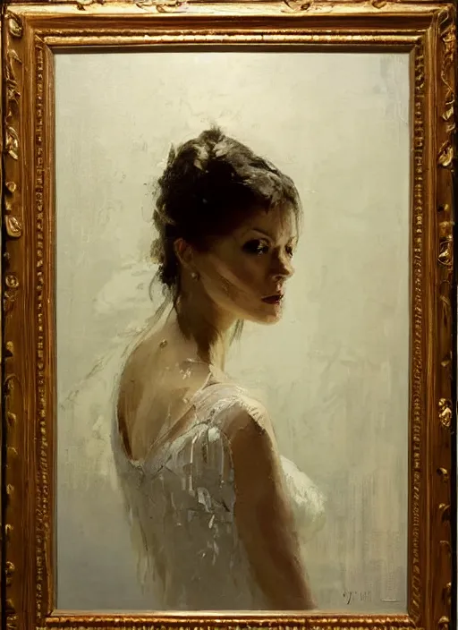 Image similar to portrait painting of a woman posing in an artistic over a bed, white victorian wedding dress by jeremy mann, only one head single portrait