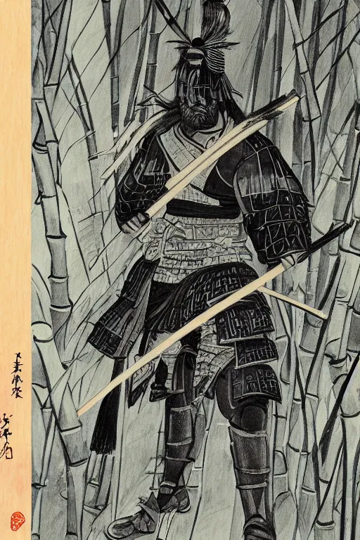 Prompt: close up of samurai warrior in a bamboo forest, an illustration by joe david benzal