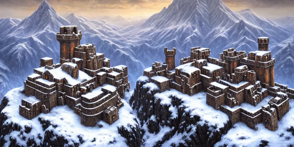 Prompt: aerial view of a dwarven fortress at the edge of a snowy mountain range, as a matte oil painting, by noah bradley, photorealistic, medieval fantasy, action shot, epic, smelters, forges, waterwheels, chiseled architecture, ornate, intricate, trading depots, extremely detailed, sharp focus