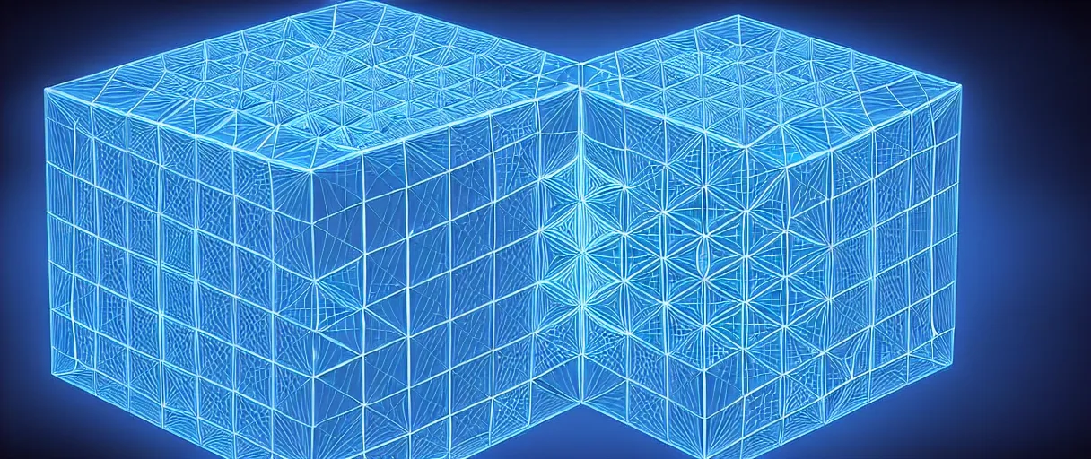 Image similar to hyperrealistic 3d render intricate metatron's cube rotating iridescent escher dali octane moody blue lighting low angle hd 8k sharp shallow depth of field