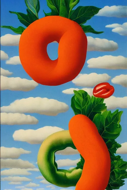 Image similar to Rene Magritte's Son Of Man painting of a bright hotdog vine growing in the clouds, the hotdog has a stem and leaves and is growing more unripe pink hotdogs on the hotdog vine, a baguette and a lobster can be seen in the sky behind