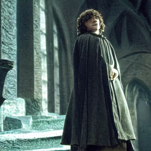 Prompt: still of frodo baggins looking up wearing the sorting hat, in harry potter and the philosopher's stone ( 2 0 0 1 )