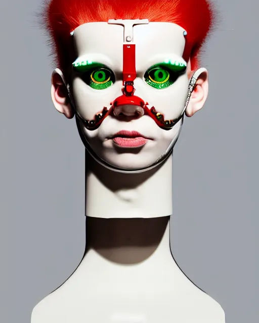 Prompt: symmetrical portrait of an albino woman cyborg wearing a silicone swarovski studded red beauty mask and green hair buns, wearing a black bodysuit armour by alexander mcqueen, cream white background, soft diffused light, biotechnology, humanoid robot, bjork aesthetic, translucent, by rineke dijkstra, intricate details, highly detailed, masterpiece,