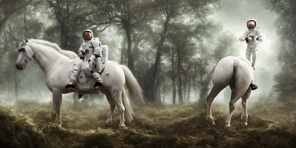 Prompt: an astronaut resting, a white horse tied to a tree, forest, a detailed matte painting by frieke janssens, featured on cgsociety, fantasy art, matte painting, reimagined by industrial light and magic, matte drawing