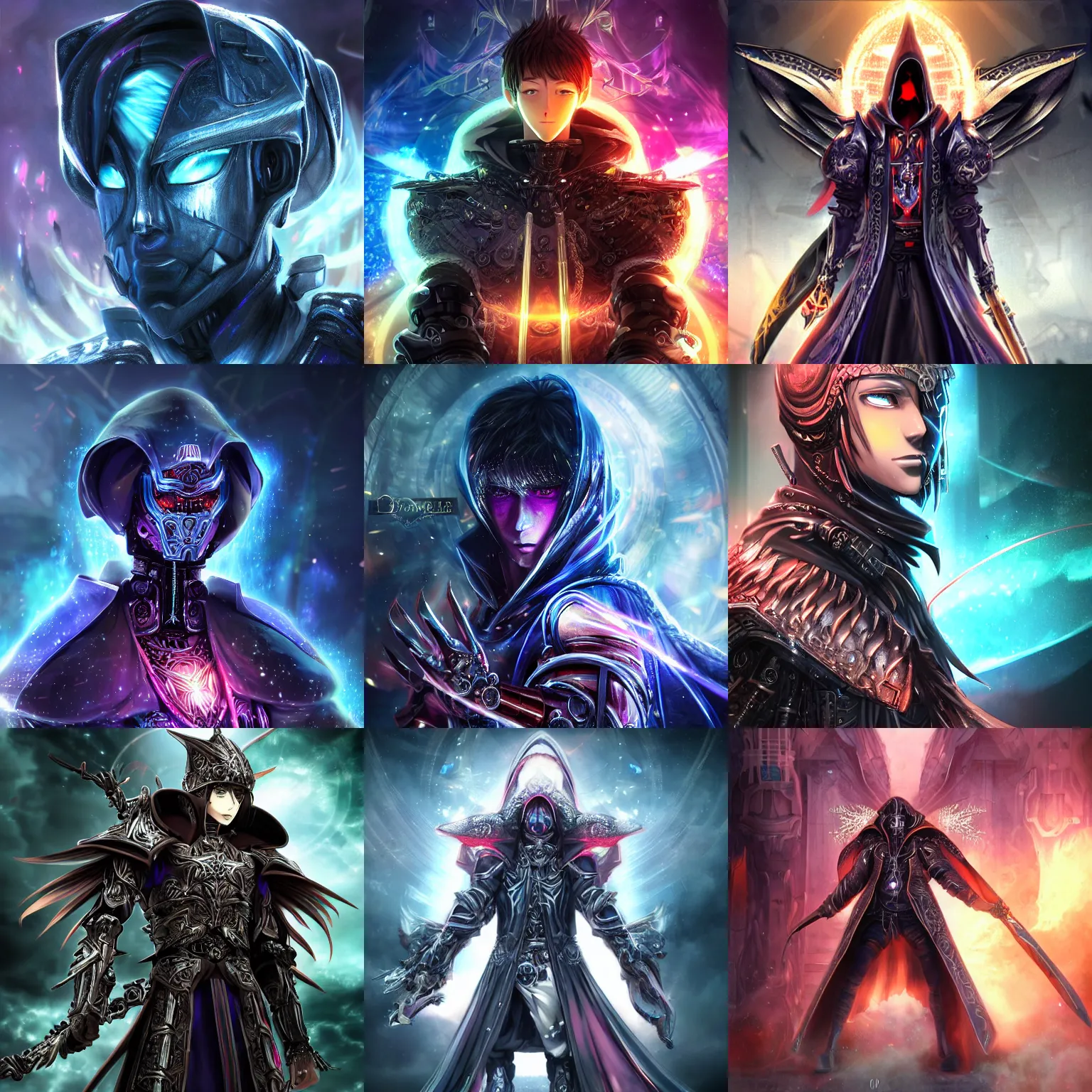 Prompt: 2.5D CGI anime fantasy portrait artwork of a hooded intricate cybernetic sorcerer warrior character with high quality glistening beautiful colors, rich moody atmosphere, reflections, specular highlights, omnipotent, megastructure realistic detailed background, brandishing iridescent cosmic weapons, colourful 3D crystals and gems, dark ominous clothing, gritty realistic smoke, portrait in the style of Makoto Shinkai and Greg Rutkowski