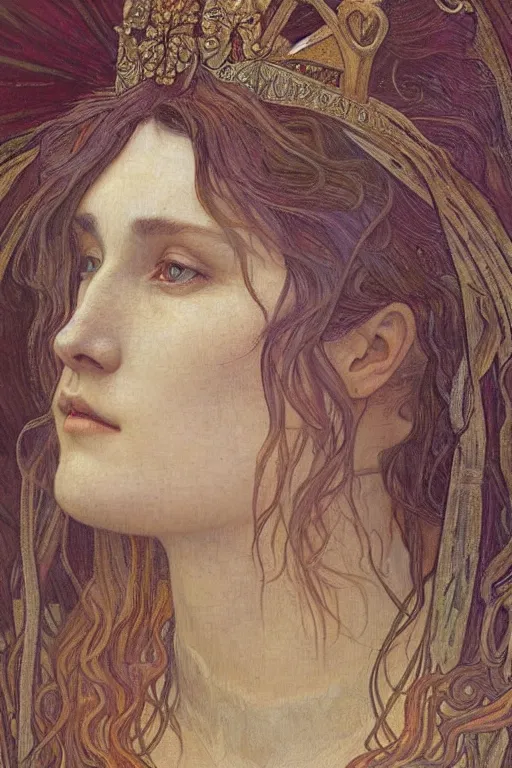 Image similar to detailed realistic beautiful young medieval queen face portrait by jean delville, alphonse mucha, vincent van gogh, and marco mazzoni, art nouveau, symbolist, visionary, gothic, pre - raphaelite