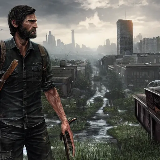 Prompt: Joel from the last of us looking down an apocalypse city