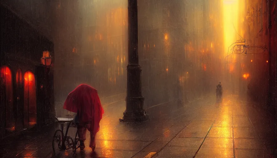 Image similar to Homeless man with divine glowing eyes begging for money in a raining dark city alley by Marc Simonetti and Delphin Enjolras