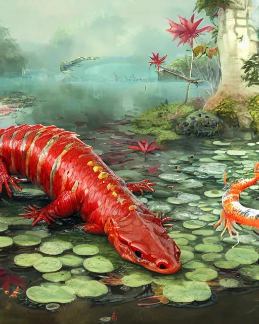 Image similar to game character beautiful pond dragon half fish half salamander, wet amphibious skin, red salamander, axolotl creature, koi pond, korean village by Ruan Jia and Gil Elvgren, fullbody