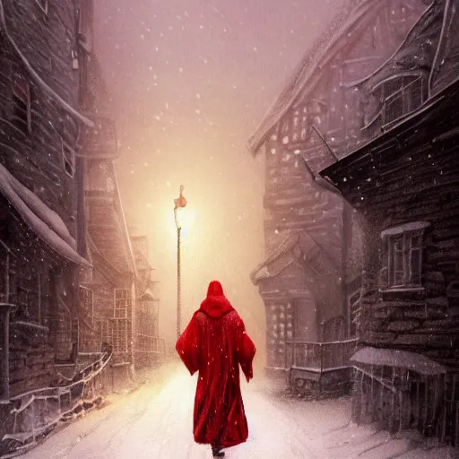 Image similar to blond girl in red cloak walks through snowy village by lamplight, detailed intricate ink illustration, dark atmosphere, detailed illustration, hd, 4k, digital art, overdetailed art, concept art, by greg rutkowski, by loish, complementing colors, Trending on artstation, deviantart