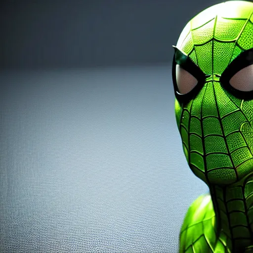 Image similar to still photo of green spider - man, highly detailed, photorealistic portrait, bright studio setting, studio lighting, crisp quality and light reflections, unreal engine 5 quality render