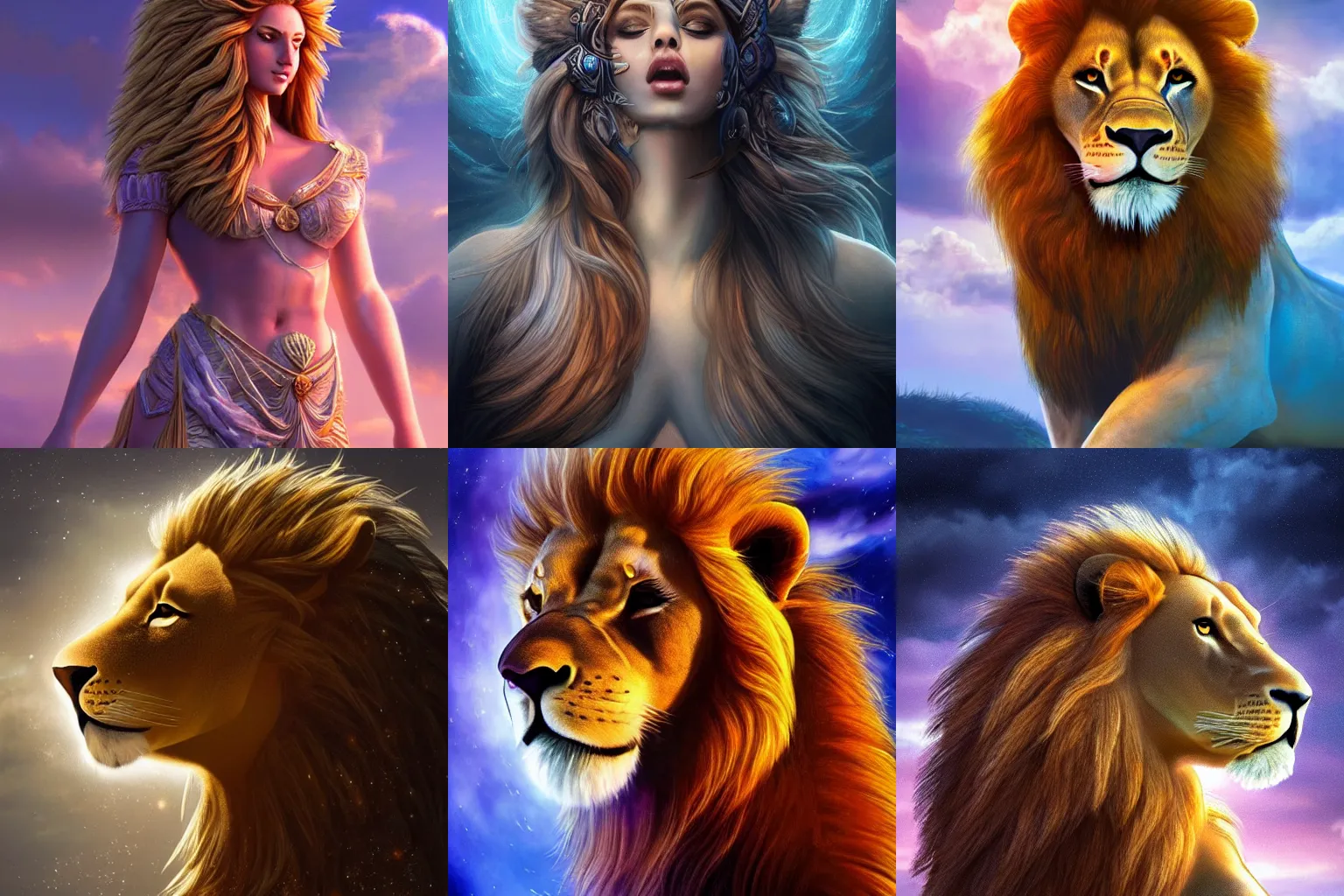 Prompt: a beautiful female goddess of lions character, character is in all its glory, character is centered on the image, character is in her natural pose, rim lights, magic in the air, fancy clouds, highly detailed professional photo, dynamic lights, particles are flying, depth of field, trending on artstation, illustration, hyper realistic, vray caustics, super detailed, colorful accents, cinematic shot