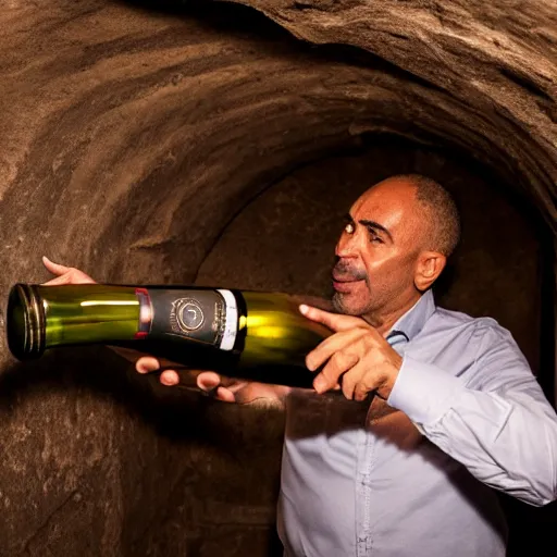 Image similar to duarte edwardo in his dark cellar reaching for his favourite aged champagne, sharp detailed face, hyper realistic, dslr photography, global illumination, radiant lighting, clear image, intricate environment