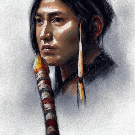 Image similar to Portrait painting of a native american female holding a spear, artstation