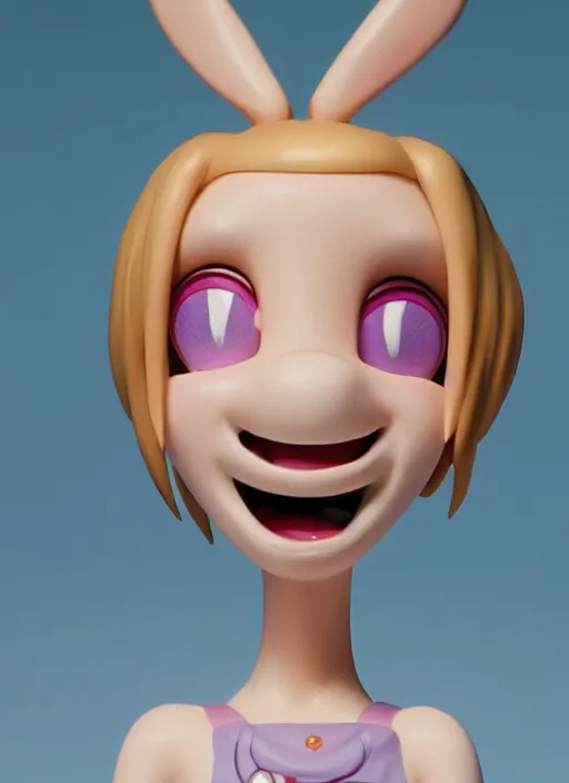 Prompt: a hyperrealistic lowbrow oil panting of a looney kawaii anime girl figurine caricature with a big dumb goofy grin and large pretty sparkling eyes featured on Wallace and Gromit by studio trigger