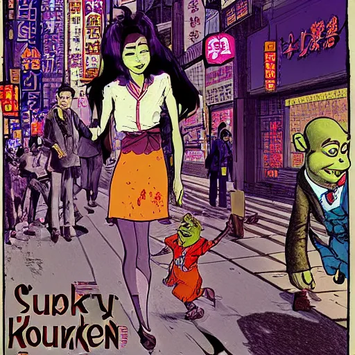 Prompt: glossy old advertising poster, shrek walking through crowded hong kong street, vendors, zombies, horror, drawn comic by junji ito, pastels, gradient